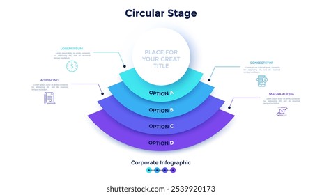 Round diagram with four colorful semi-circular overlaid elements. Concept of 4 stages or levels of financial process. Corporate infographic design template. Flat vector illustration for presentaion.