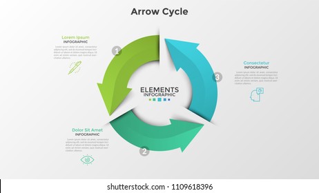 Round diagram with three colorful arrows, thin line symbols and text boxes. Concept of 3-stepped cyclical business process. Realistic infographic design template. Vector illustration for presentation.