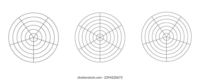 Round diagrams with concentric circles divided on equal sectors. Pie radar chart, wheel of life or habits tracker template isolated on white background. Vector graphic illustration