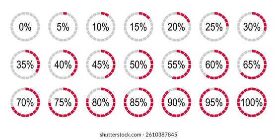 Round diagrams icons from 0 to 100 percent. Percentage elements for infographics. Red, grey color fill divided on equal parts pie charts indicator layout. Circle graph loading progress minimal mockup. - Powered by Shutterstock - Get 15% off with code: PIKWIZARD15