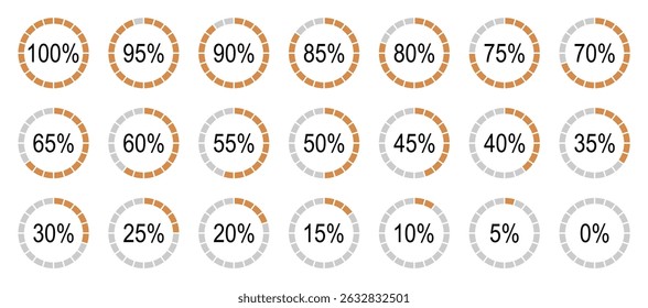 Round diagrams icons for infographics from 0 to 100 percent. Percentage infographics elements. Orange, grey color fill divided pie charts indicator. Circle flat graph loading progress.