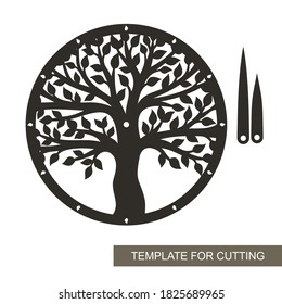 Round dial with decorative tree (trunk, branches, leaves) inside. Hour and minute hands. An unusual design element for the interior. Vector layout for laser cutting (cnc).