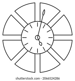 Round dial made of segments. Imitation of a flower. Wall clock. Vector icon, outline, isolated. Editable stroke.