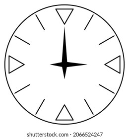 Round dial for watches with triangles and lines. A clock with black hands. Vector icon, outline, isolated.  Editable stroke.