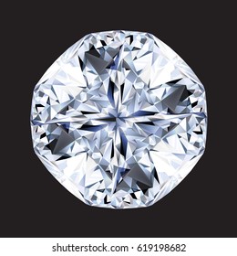 Round diamond on black background. Realistic vector illustration.