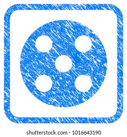Round Dice grainy textured icon inside rounded rectangle for overlay watermark imitations. Flat symbol with unclean texture. Framed vector blue rubber seal stamp with grunge design of round dice.