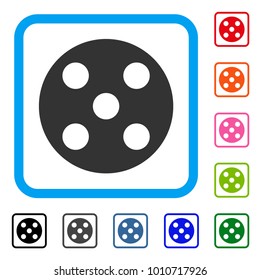 Round Dice icon. Flat grey pictogram symbol inside a blue rounded frame. Black, gray, green, blue, red, orange color versions of round dice vector. Designed for web and app UI.