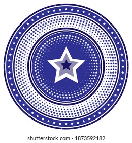 Round die, stamp or chip with blue radial star pattern, vector illustration