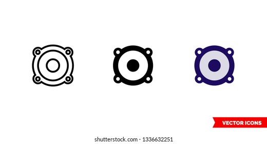 Round digital speaker icon of 3 types: color, black and white, outline. Isolated vector sign symbol.