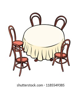 Mesa de jantar redonda e cadeiras ao redor. Pop art vetor retro ilustração vintage kitsch