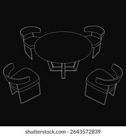 A round dining table with four chairs arranged around it, depicted in a clean black and white line drawing. The minimalist design features smooth curves and simple shapes, set against a solid black.