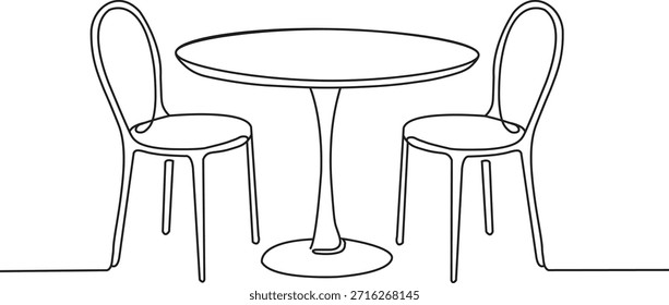 A round dining table with two chair line art vector.	