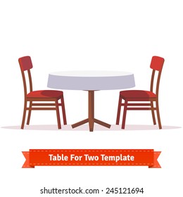 Round dinner table for two with white cloth and red wooden chairs. Flat style illustration. EPS 10 vector.