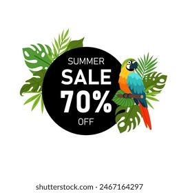 Round discount banner with parrot and tropical plants in flat style. Tropical bird, tropical plants. Advertising banner for trade, shopping center. Discounts, summer sale.