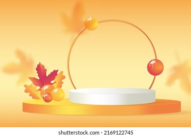 Round display podium mockup with blurred leaves on a background. Orange geometric rendering platform for sale banner or advertisement.