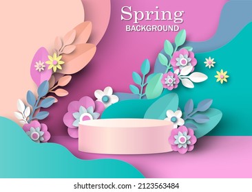 Round display podium mockup, paper cut spring flowers and leaves, vector illustration. Spring floral background, pedestal, stage for beauty and cosmetic product ads.