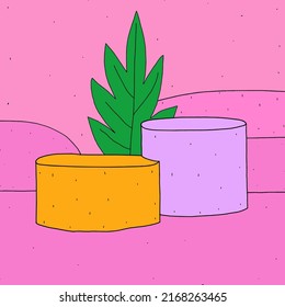 Round display podium mockup.3d geometric rendering platform concept for showcase background.Abstract minimal scene product presentation.Stand podium and cylinder pedestal.Hand drawn psychedelic card