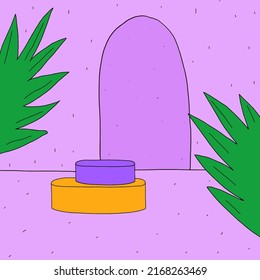 Round display podium mockup.3d geometric rendering platform concept for showcase background.Abstract minimal scene product presentation.Stand podium and cylinder pedestal.Hand drawn psychedelic card