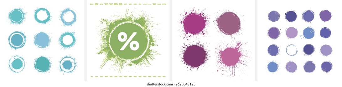 
Round disruptive elements and buttons in a grunge and splash look. For Black Friday, sales, special offers, etc. Ideal for collages, shops, texts, banners, stickers, compositions, and poster design. 