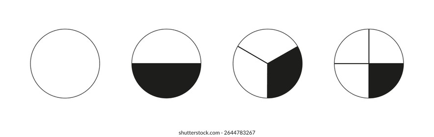 Round divided diagrams with from one to four segments. Circle division on from 1 to 4 equal parts. Infographic samples. Coaching blank. Outline graphics. Pizza, pie charts. Segmented black pinwheel.