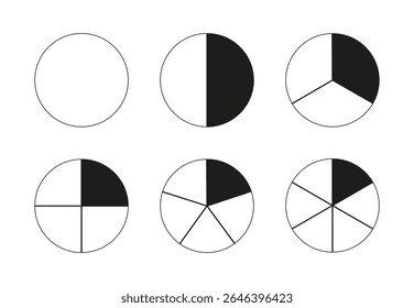 Round divided diagrams with from one to six segments. Circle division on from 1 to 6 equal parts. Coaching blanks. Infographic set. Pizza, pie charts. Segmented black pinwheel.