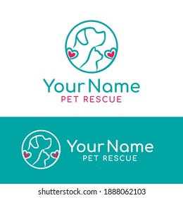 round dog and cat line art logo with hearts vector illustration