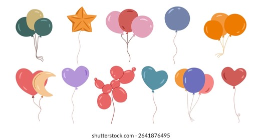 Round, dog and heart, star and moon shaped helium inflatable balloons. Vector holiday celebration and atmosphere of fun and joy. Decoration for birthday, party or special event. Festive elements