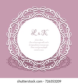 Round doily with lace border, cutout paper circle ornament, curly vector decoration for laser cutting or wood manufacturing, greeting card or wedding invitation template, eps10