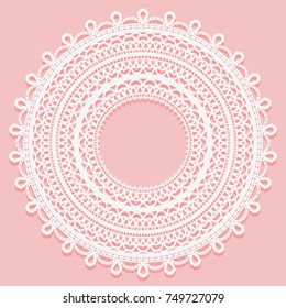 Round doily on a pink background. Openwork lace ornament for frame design. Vector illustration.