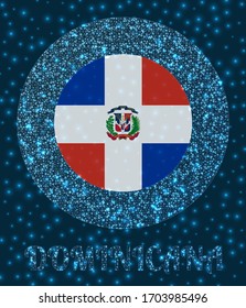 Round Dominicana badge. Flag of Dominicana in glowing network mesh style. Country network logo. Radiant vector illustration.