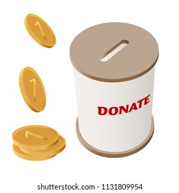 Round donation money box vector illustration. Side view cylinder money box for charity with coin slot and falling golden coins. Simple barrel box with brown top and bottom and text Donate