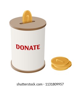 Round donation money box vector illustration. Side view cylinder money box for charity with coin slot and falling golden coins. Simple barrel box with brown top and bottom and text Donate