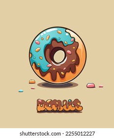 Round donut with chocolate icing and colorful sprinkles. Vector illustration.