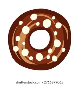 Donut redondo con glaseado de chocolate marrón oscuro con remolinos marrones más claros y espolvoreadas blancas, que representan un dulce postre horneado o bocadillo