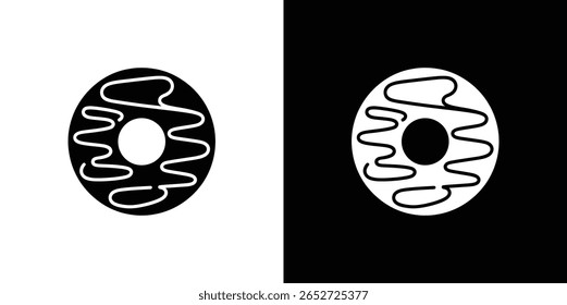 Round donut pastry with a hole, decorated with wavy frosting. Sweet treat illustration isolated on transparent background for various design purposes.
