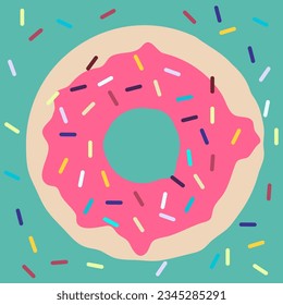 Runde Donut mit rosafarbenem Eis und Zuckerstreberflächen auf blauem Hintergrund
