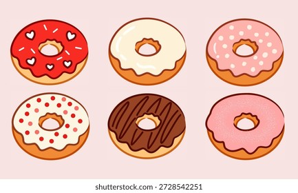 Colección de donas redondas en ilustración plana para el tema de postre dulce. Perfecto para la marca de panadería, carteles de comida, menús, envases, pegatinas y redes sociales.