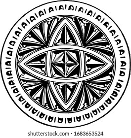 Round doodad is a very dark pattern, It is found on the door, vintage line drawing or engraving illustration.