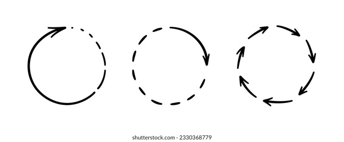 Rund doodle Pfeile. Handgezeichnete Pfeilsymbole setzen. Zeichnen Sie Skizzen wieder auf. Wiederholen Sie die Symbole der grafischen Linie. Vektordoodle-Illustration einzeln auf weißem Hintergrund.