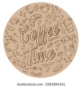 round Doodle coffee shop background. Outline hand drawn set icon