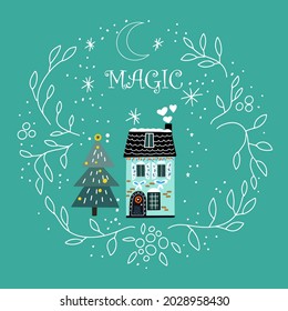 Round Doodle Design, Snowy House, Christmas Tree, Happy Kinship, Wreath.