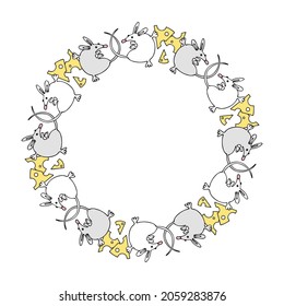 Round doodle frame with mice and cheese. Outline drawing of a rodent with food in the shape of a wreath. Vector freehand drawing of gray and white rats with a slice of yellow cheese.