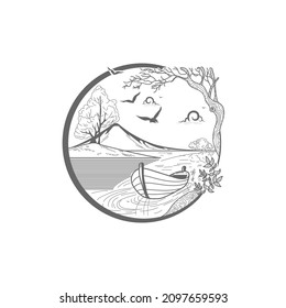 Round Doodle Line Art Nature in a Circle Doodle Art Tattoo Design. Mountain, Tree, Cloud, Bird, Plant In 

Circle Vector for Illustration