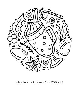 Round doodle template of eggnog. Hand drawn vector concept. Contour illustration for emblem, sticker, banner. Outline cartoon glass mug with isolated elements. Traditional christmas alcoholic drink