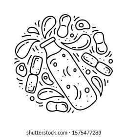 Round doodle template of kefir. Hand drawn vector concept. Contour illustration of fermented dairy products. Outline cartoon set of bottle with isolated spray drops and bacteria. Black and white