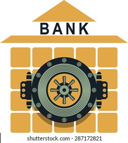 Round door of a large bank vault on a conditional bank building business concept