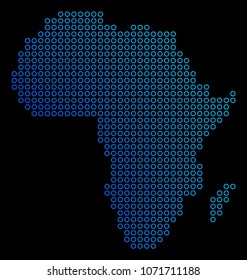 Round dot africa map. Vector geographic map in blue gradient colors on a black background. Vector composition of Africa Map done of small circles.
