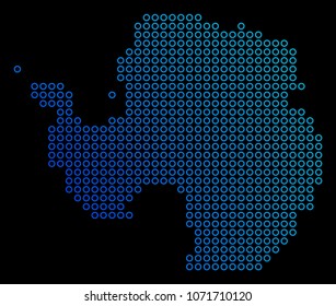 Round dot antarctica map. Vector geographic map in blue gradient colors on a black background. Vector pattern of Antarctica Map organized of circle elements.