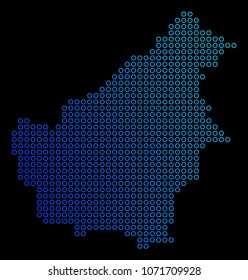 Round dot borneo island map. Vector geographic map in blue gradient colors on a black background. Vector mosaic of Borneo Island Map organized of circle dots.