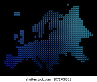 Round dot europe map. Vector geographic map in blue gradient colors on a black background. Vector mosaic of Europe Map composed of round elements.